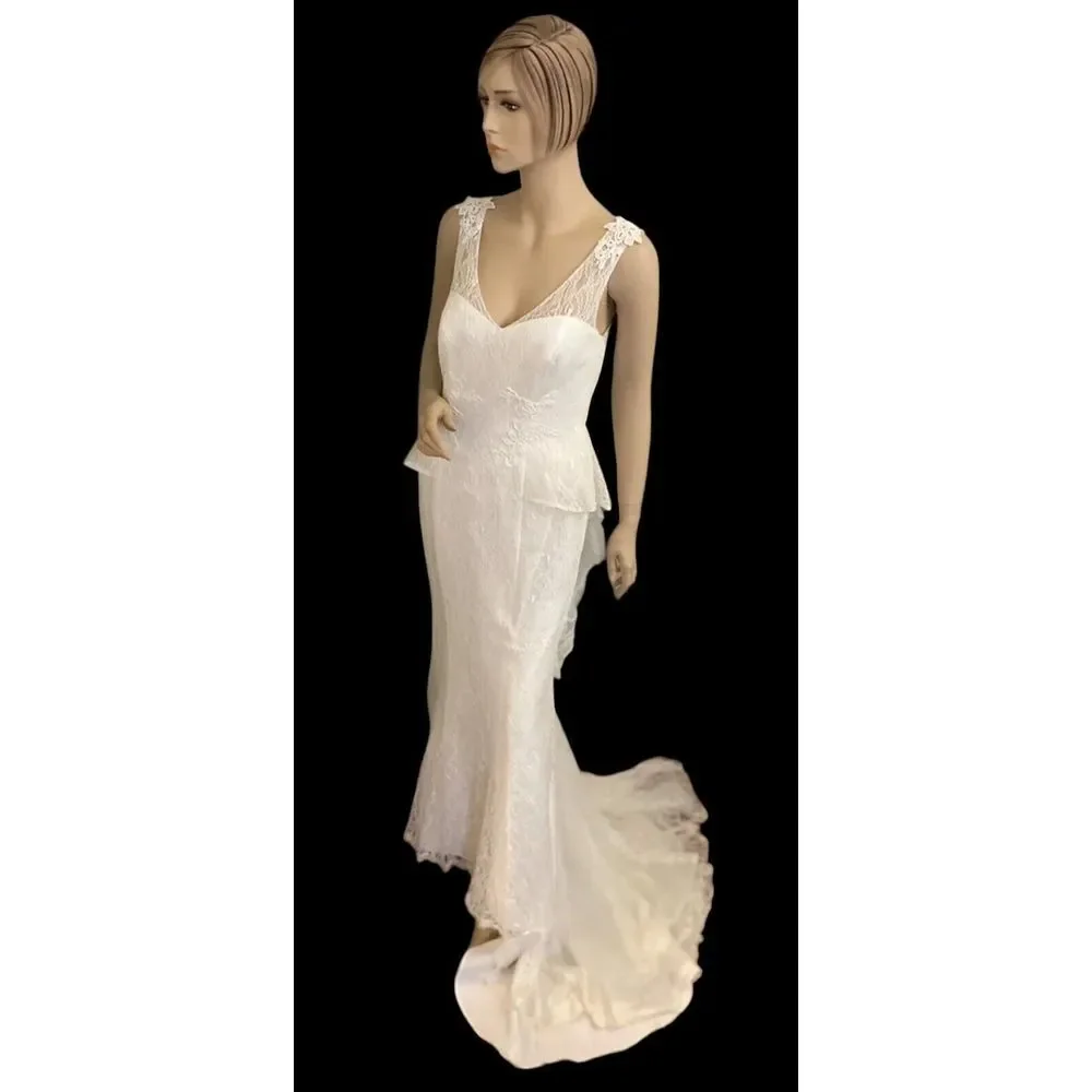 David's Bridal Galina Ivory Lace‎ Peplum Button-Up Wedding Dress 8